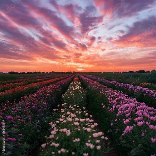 Rows of blooming flowers glowing under vibrant sunset sky high resolution picture