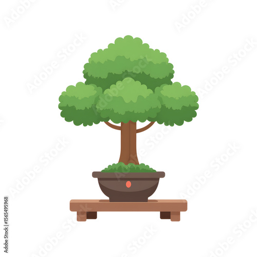 Bonsai tree in decorative pot on wooden stand  
