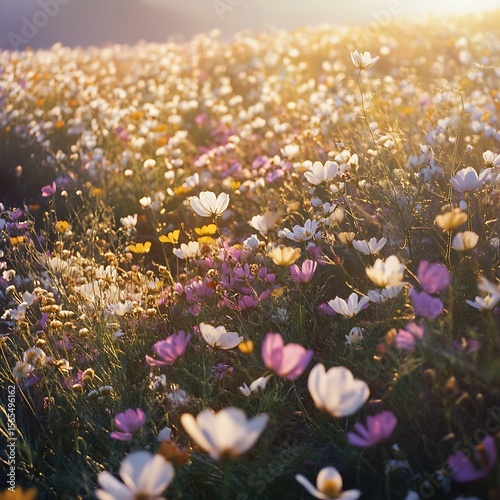 Spring wildflower field with delicate petals drifting softly high resolution picture