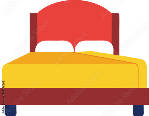 Minimalist Bed Illustration: A clean, vector illustration of a bed featuring a red frame and yellow bedding exudes modern simplicity and cozy comfort.