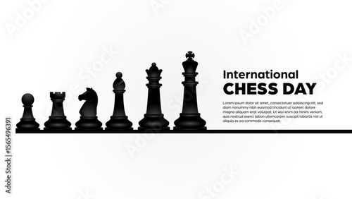 International chess day background illustration - realistic vector design of chess pieces, king, queen, bishop, knight, rook, and pawn with copy space for replacement text