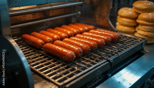 Hot Dogs On Grill With Buns Nearby
