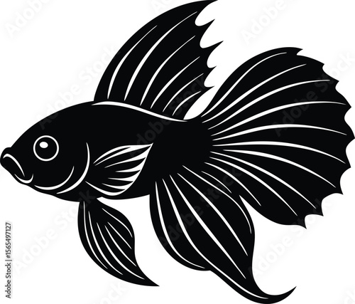 Black Betta Fish Silhouette: Elegant silhouette of a betta fish, showcasing its flowing fins and vibrant form. A striking graphic for various uses.