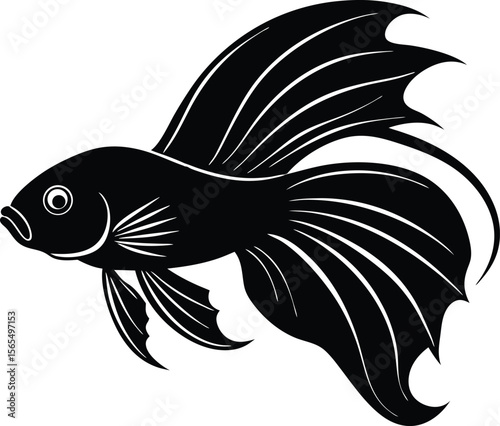 Black Silhouette of a Betta Fish: A striking black silhouette of a Betta fish gracefully glides through the water, its elegant fins and form captured in a minimalist and artistic illustration.