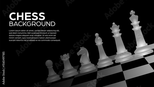 White chess pieces on chessboard design illustration, realistic vector of chess pieces, king, queen, bishop, knight, rook, and pawn with blank black background copy space for replacement text