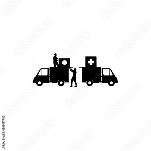 Silhouette of healthcare workers loading supplies onto trucks for relief on white background