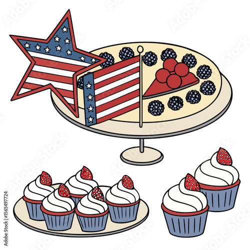 Sweet patriotic desserts berry cake with flag star and banner, alongside frosted cupcakes.