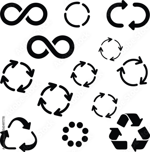 Collection of black and white recycling arrows and infinity symbols on white background