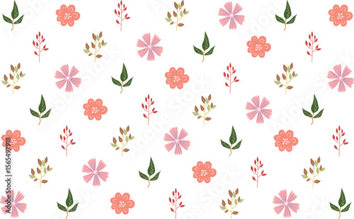 Stylish vector pattern with tropical floral elements blooms leaves. Great for modern fabric, surface design, and wrapping paper.

