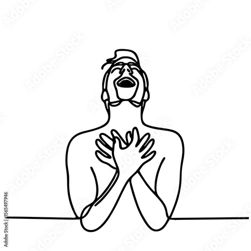 Audacity — handsome man in elegant theatrical pose expressing admiration and joyful surprise: minimalist single-line black drawing One line art.