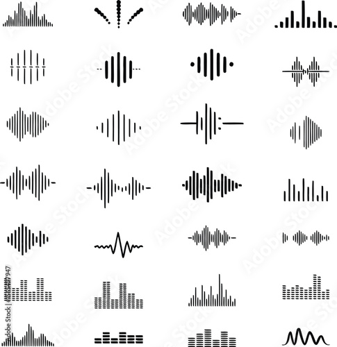 Collection of black and white audio waveforms sound waves equalizers music symbols and icons