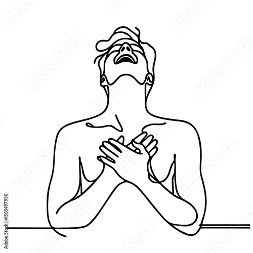 Audacity — handsome man in elegant theatrical pose expressing admiration and joyful surprise: minimalist single-line black drawing One line art.