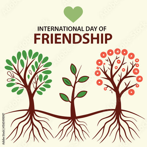 Three stylized geometric plants with shared roots green red brown leaves International