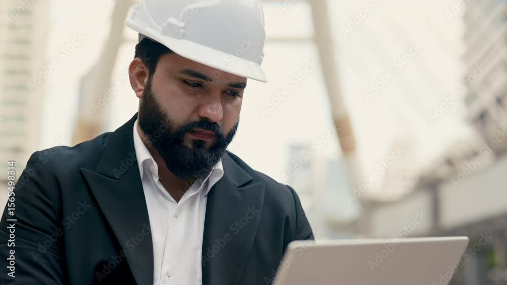 Portrait of young Indian architect designer in helmet working on laptop at construction site. Engineer in office suit checks digital data via computer outdoor office building