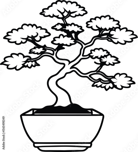 Bonsai tree line art: A classic bonsai, showcasing its meticulous pruning and artistic styling in a line art illustration. The tree sits gracefully in a pot, symbolizing harmony and patience.