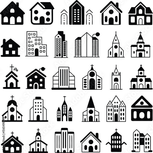 Collection of vectorized black and white buildings and church architectural icons