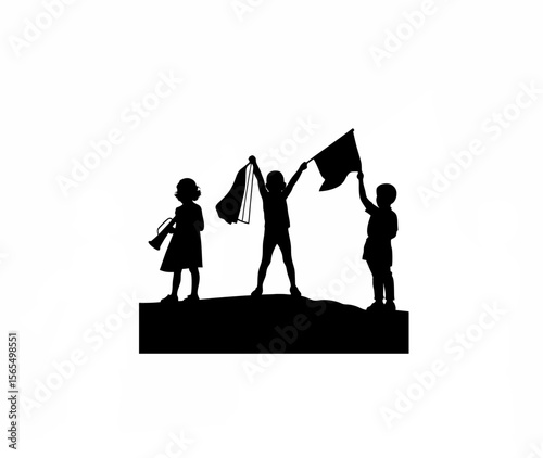 Silhouette of kids performing a skit about saving the environment on white background