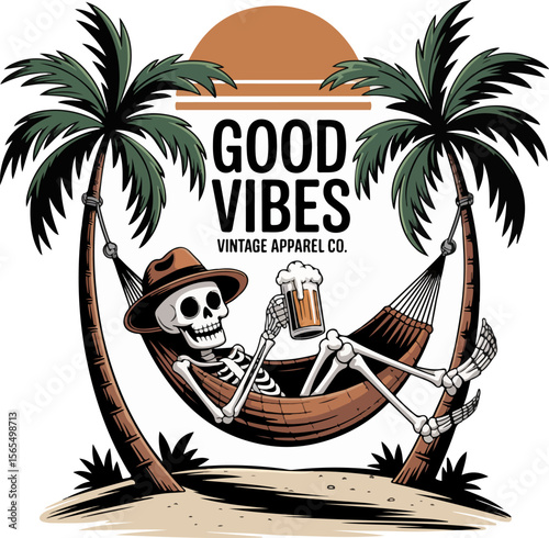Skeleton relaxing in a hammock with a beer under palm trees