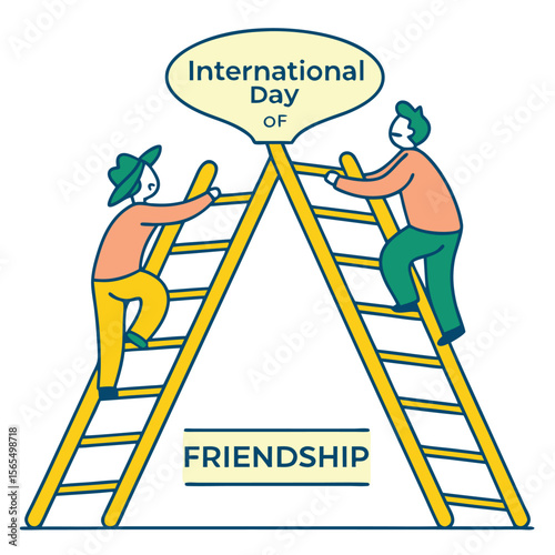 Two Cartoon Men Climbing Yellow Ladders Meeting at International Day of Friendship