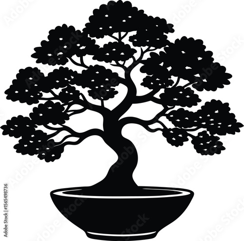 Bonsai Tree Silhouette: A striking black silhouette of a meticulously cultivated bonsai tree, showcasing its artful form within a traditional pot.