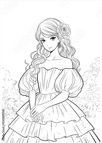 Beautiful anime girl with long wavy hair wearing a formal gown and a rose in her hair