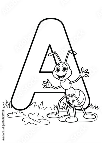 Cute cartoon ant waving next to the letter a for alphabet learning