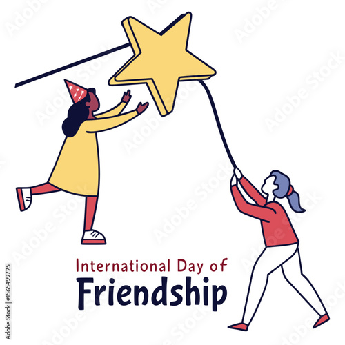 Two girls joyfully share a large yellow star connected by a string celebrating friendship day