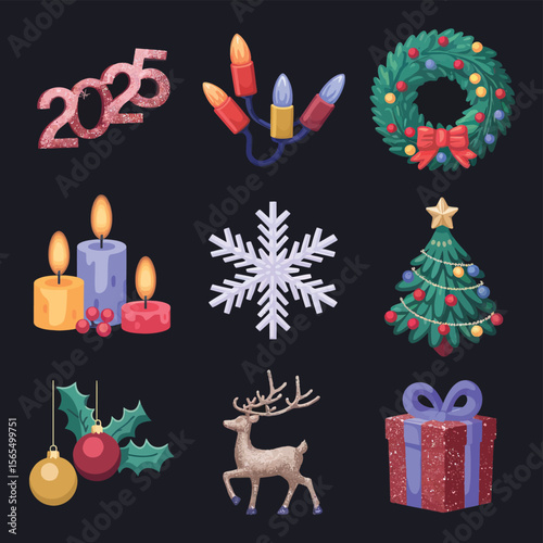 vector Happy New Year Celebrating 2025 in Latin letters , Christmas Decoration Items Santa Claus
