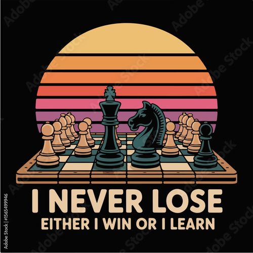 Chess king knight pawns on board with retro sunset and motivational quote