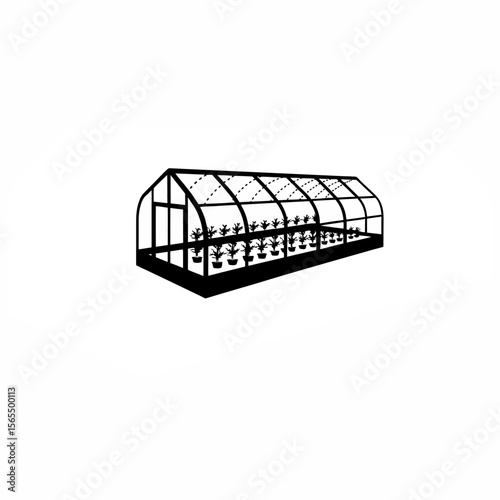 Silhouette of modern greenhouse farming with rows of plants on white background