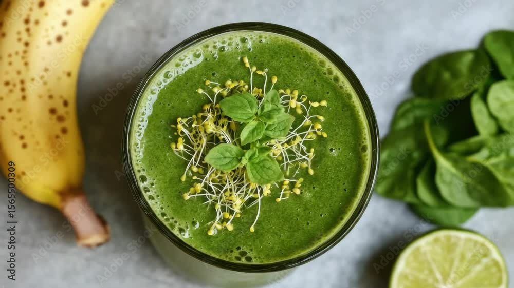 A refreshing and healthy green smoothie with banana, honey, turmeric, and yellow flowers as a garnish. Perfect for detox or an energy boost.