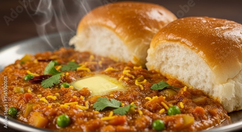 Delicious Pav Bhaji Indian Dish - Steaming hot Pav Bhaji, a popular Indian street food, served with soft buttered bread rolls. A flavorful and comforting meal