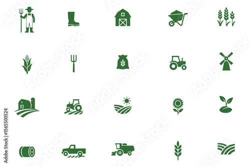 Farming and agriculture icon set. Vector collection of rural life symbols including tractor, barn, harvest, and crop