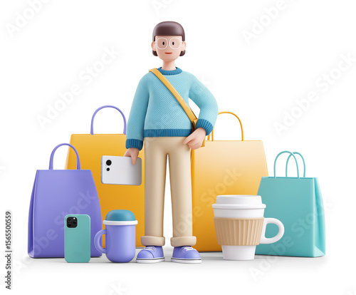 Young shopper holding smartphone and surrounded by shopping bags and coffee