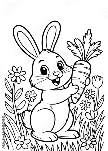 Cute cartoon bunny holding a carrot in a field of flowers and grass