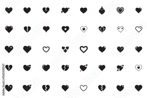 Heart icon set. Collection of love, romance, and heartbreak symbols. Vector silhouette glyphs for Valentine's Day