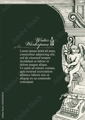 Vector banner on the theme of writers with space for text. Workplace, library. Vintage page with hand-drawn typewriter, ink pen, antique architecture and sitting angel. Book page, magazine, logo.No Ai