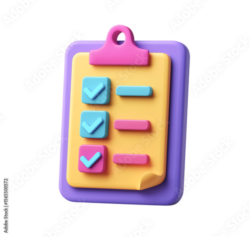 Colorful 3d checklist icon with checkmarks on white background
