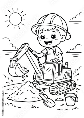 Happy cartoon boy wearing a hard hat driving an excavator on a sunny day
