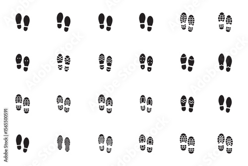 Footprint and shoeprint vector icon set, collection of different shoe and boot sole tread silhouettes isolated on white background