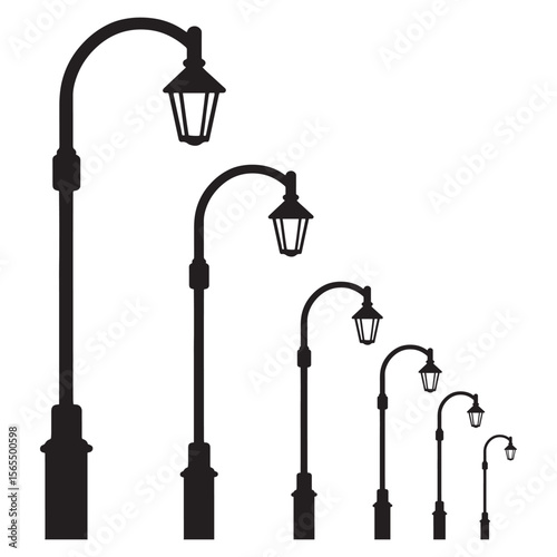 Row of classic street lamp silhouettes in perspective. Vector icon set of vintage lampposts isolated on white background