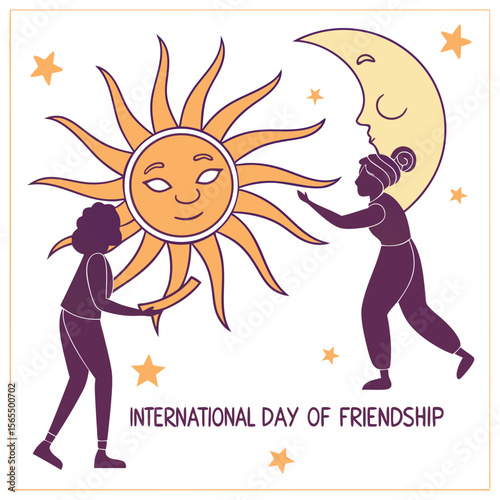Two stylized figures exchange stars between a smiling orange sun and a pale yellow crescent moon