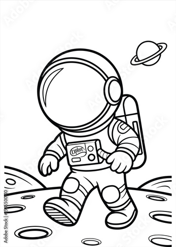 Cartoon astronaut walking on the moon with a planet in the background coloring page