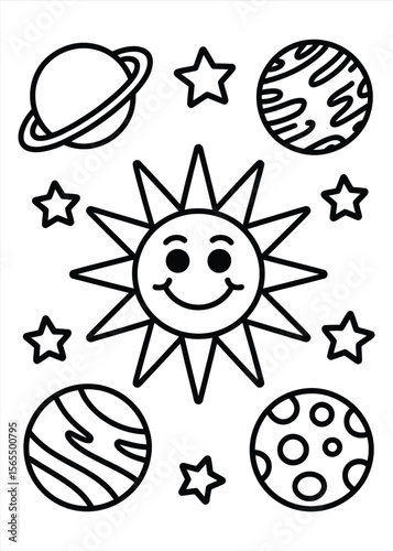 Cute cartoon sun with planets and stars for coloring page