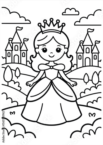 Cute cartoon princess wearing a crown and elegant dress in front of castles