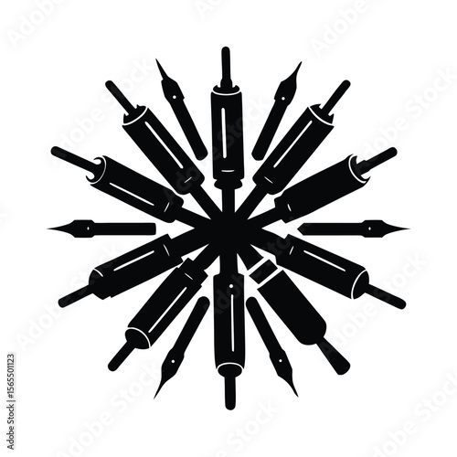 Stylized fountain pen nibs radial arrangement silhouette vector illustration