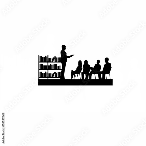 Silhouette of people attending a public lecture in a library on white background