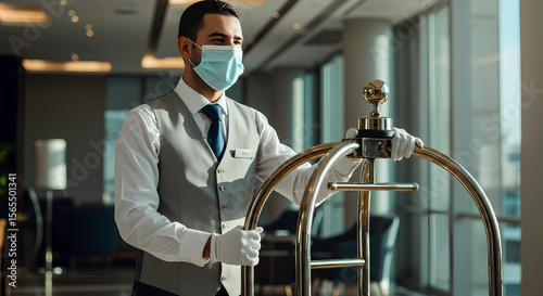 Hotel Bellhop Pushing Luggage Cart Wearing Mask