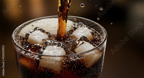 Refreshing Iced Cola Drink - Close-up of cola being poured into a glass with ice cubes, creating fizzy bubbles