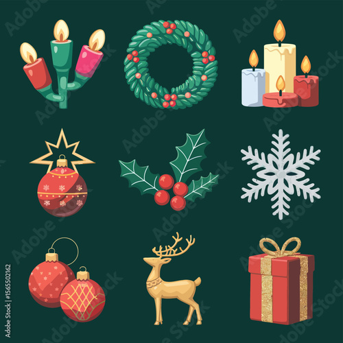 vector Happy New Year Celebrating 2025 in Latin letters , Christmas Decoration Items Santa Claus
